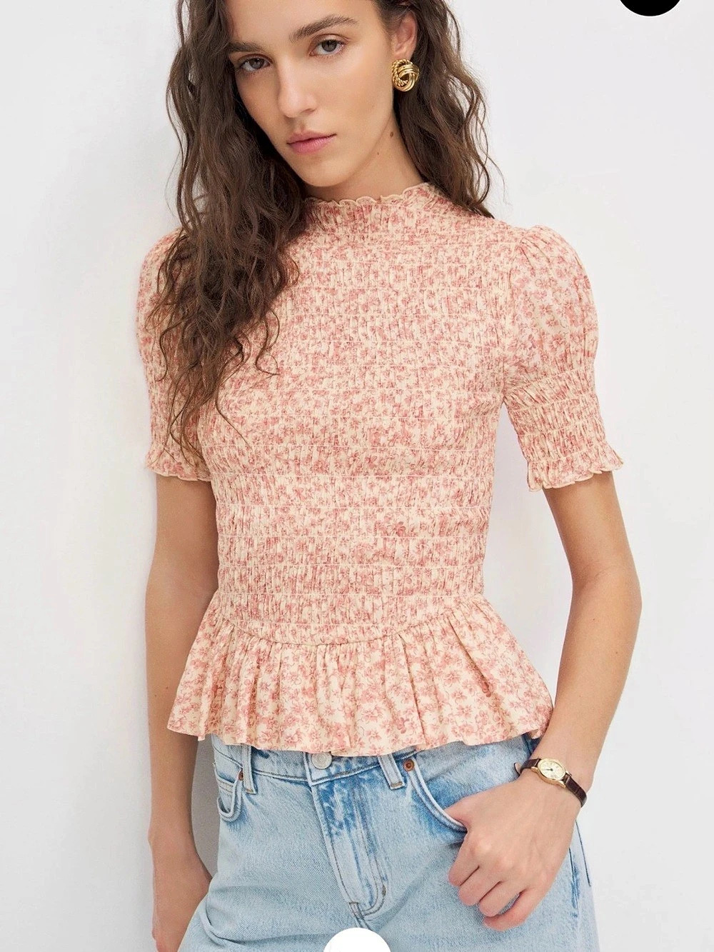 Reformation Aggie Top Pink & White Short Sleeve Blouse